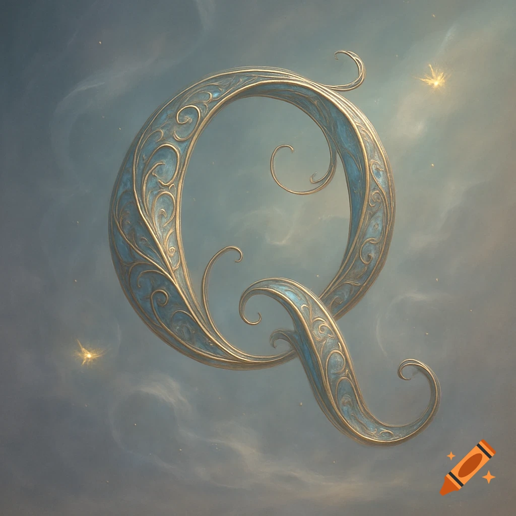 Ornate gold and blue filigree letter Q floating against a cloudy sky with subtle stars.