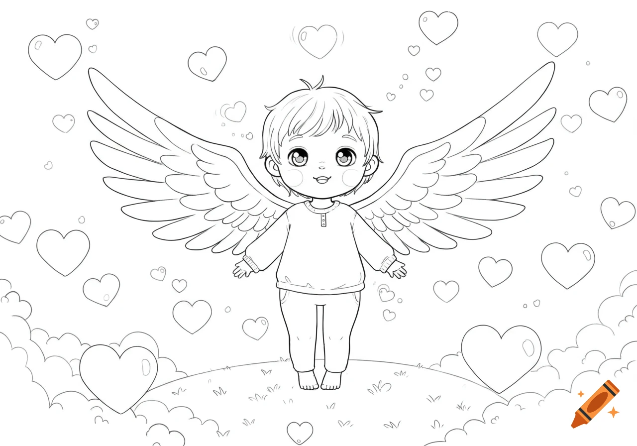 Black and white coloring page of a cute chibi child with large feathery wings, standing among clouds and hearts.