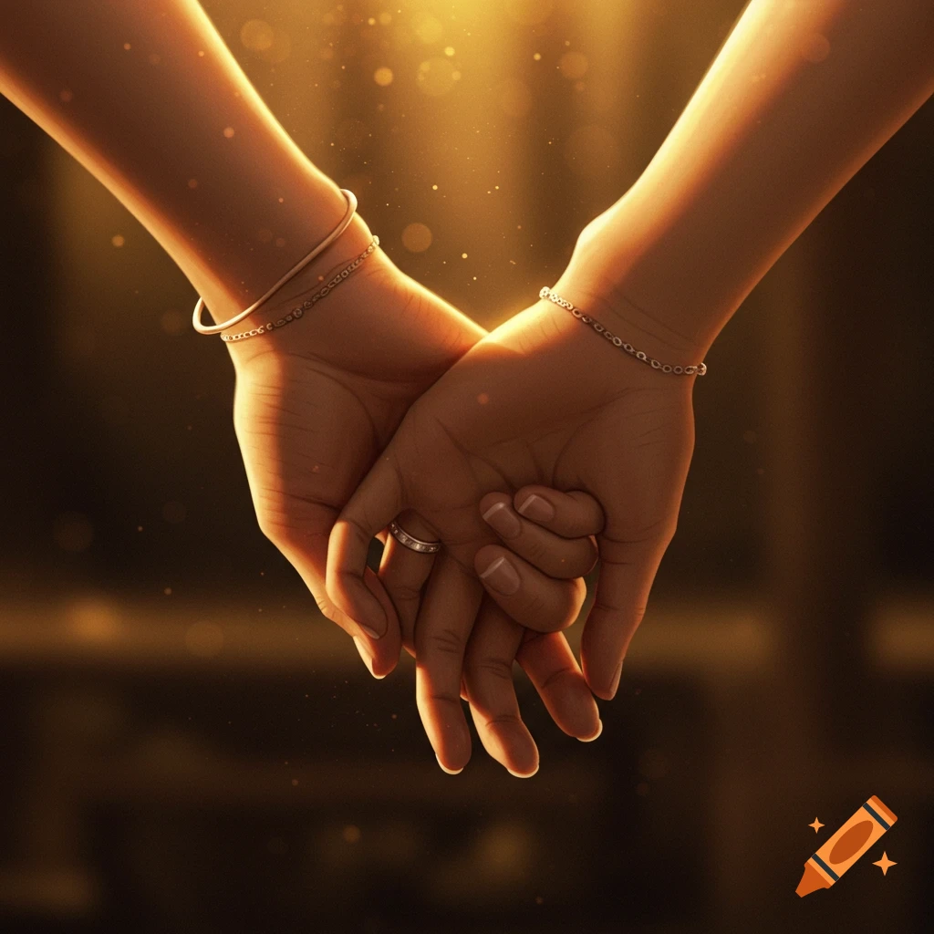 Two hands clasped together with a ring and bracelets, illuminated by warm, golden light in a photorealistic style.