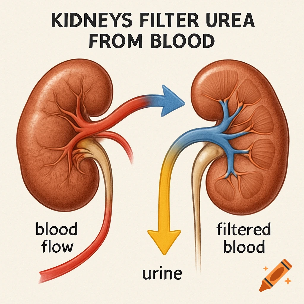 Diagram illustrating kidneys filtering blood, with labeled arrows for blood flow, filtered blood, and urine.