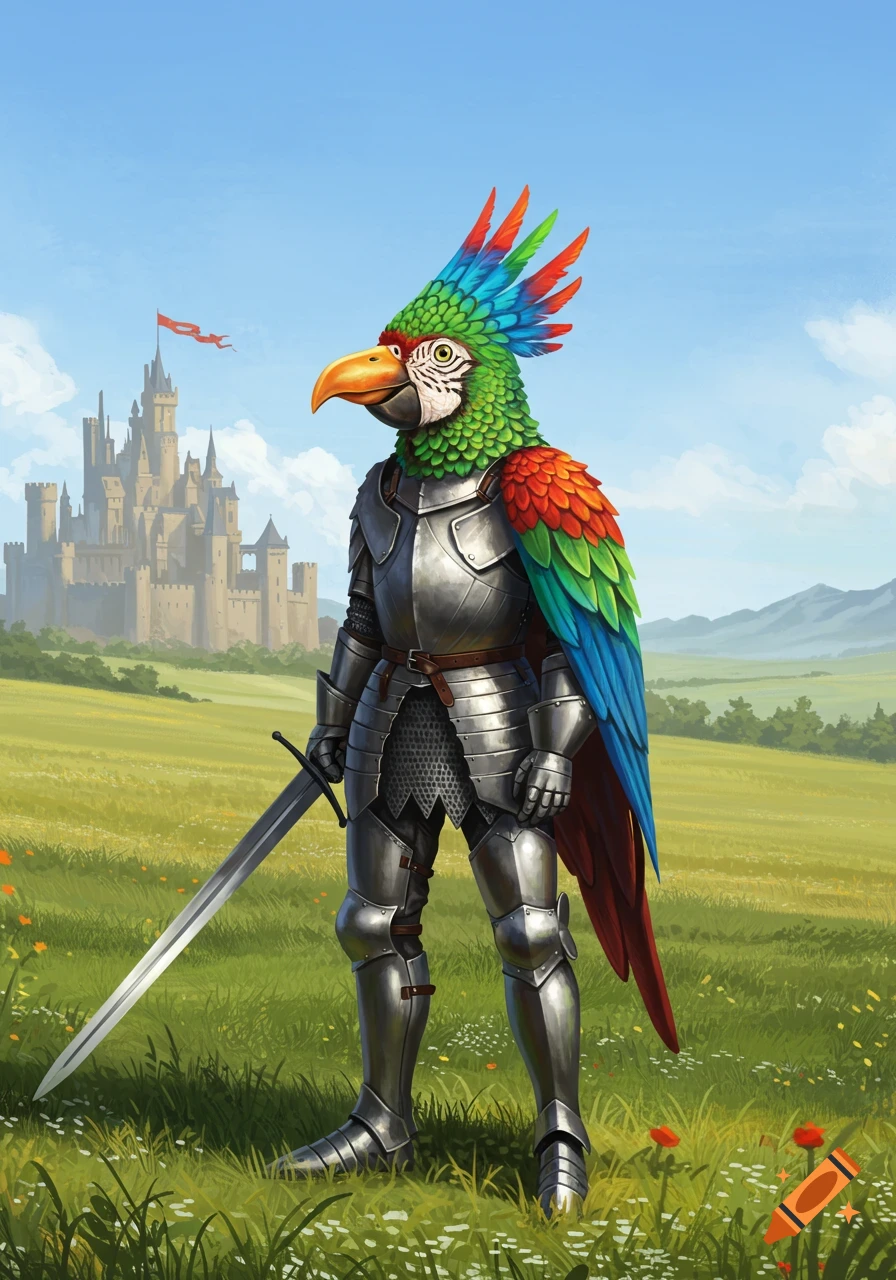 A colorful parrot-headed knight in full armor stands with a sword in a green field, a castle in the background.