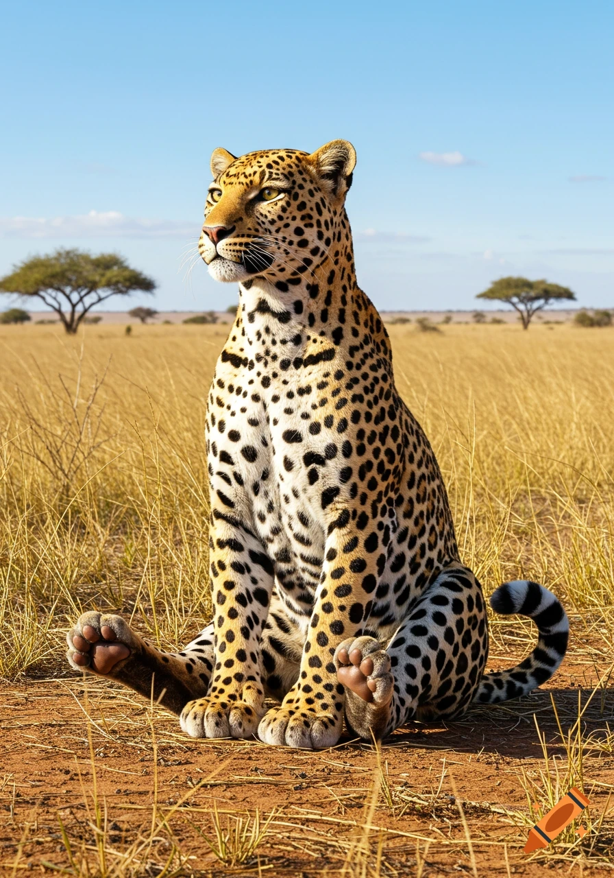 A majestic leopard with distinctive black spots sits upright in a sun-drenched African savannah, looking to the left. Tall golden grasses and acacia trees dot the horizon under a clear blue sky.