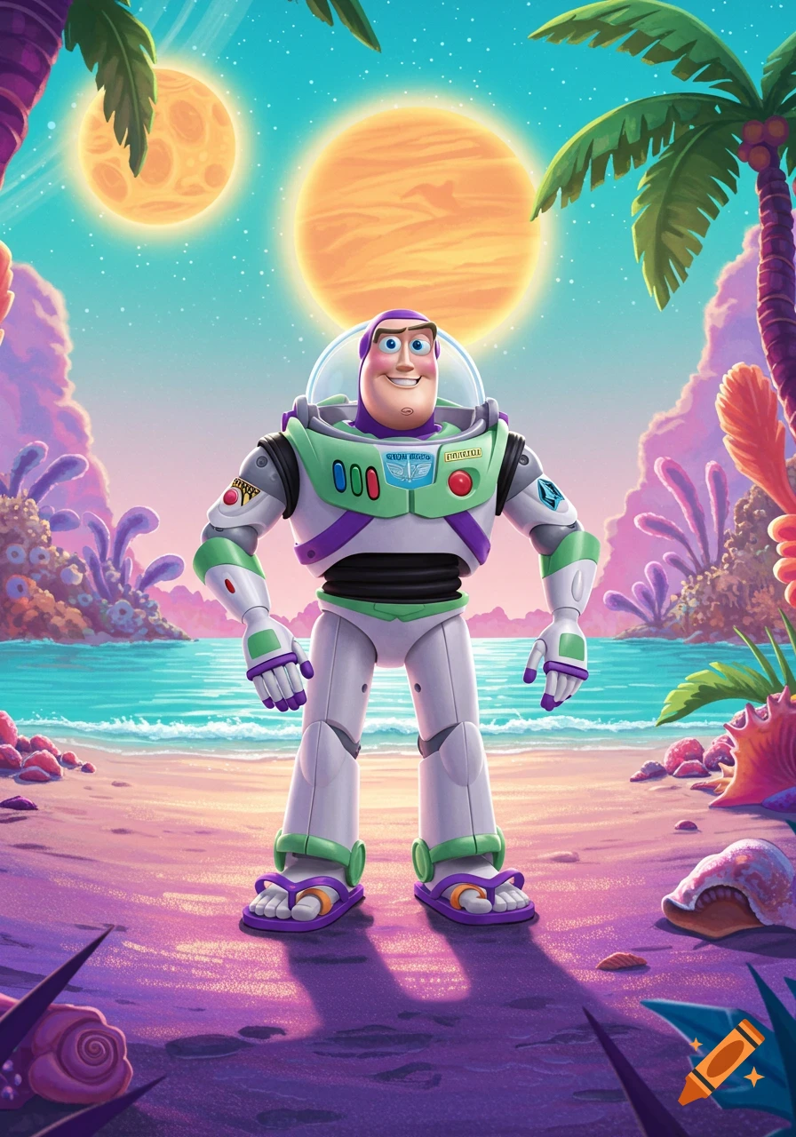 Buzz Lightyear in flip-flops stands on a vibrant alien beach with two suns in the sky, colorful plants, and turquoise water.