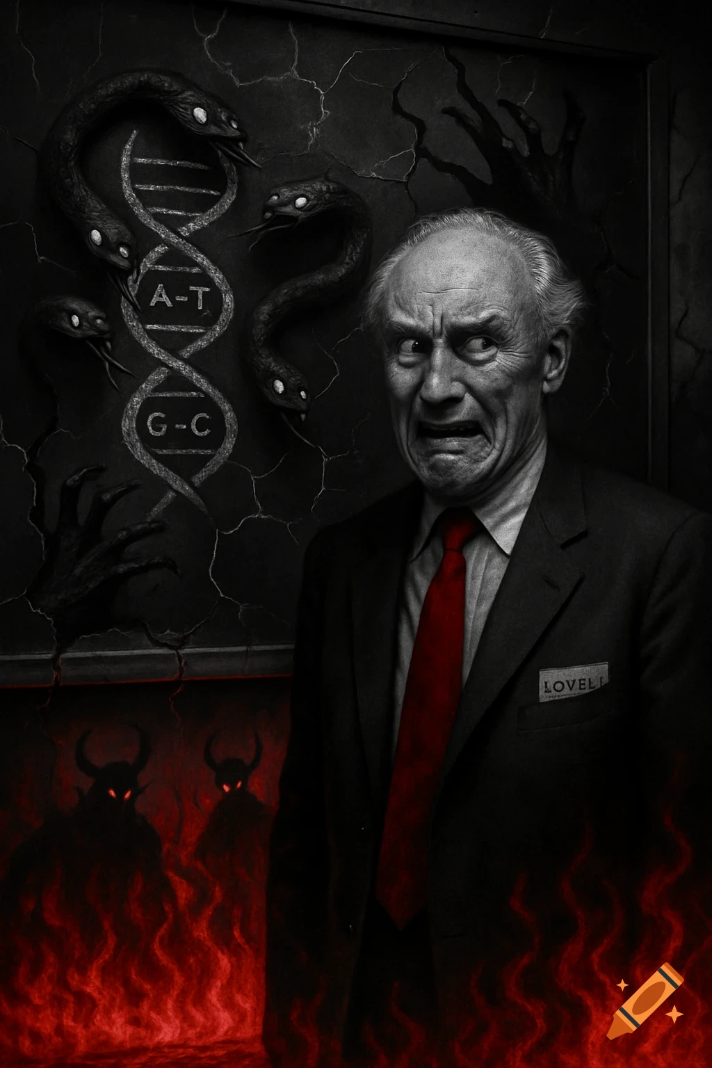 Black and white horror art of a terrified older man in a suit, with a red tie, looking right. Behind him is a blackboard with a DNA helix of snakes, demonic claws, and red flames with shadowy demons below.