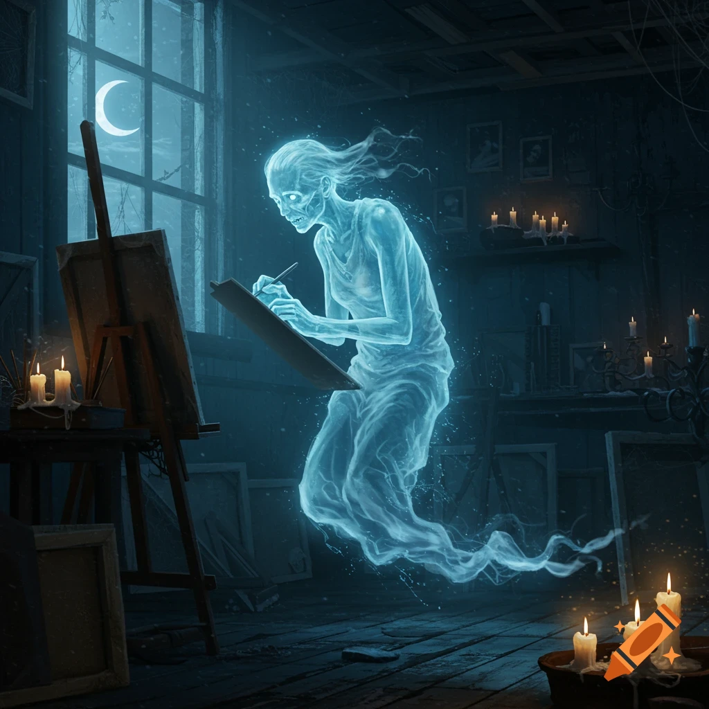 A translucent blue ghost draws on an easel in a dimly lit, candlelit room with a crescent moon visible through a window.