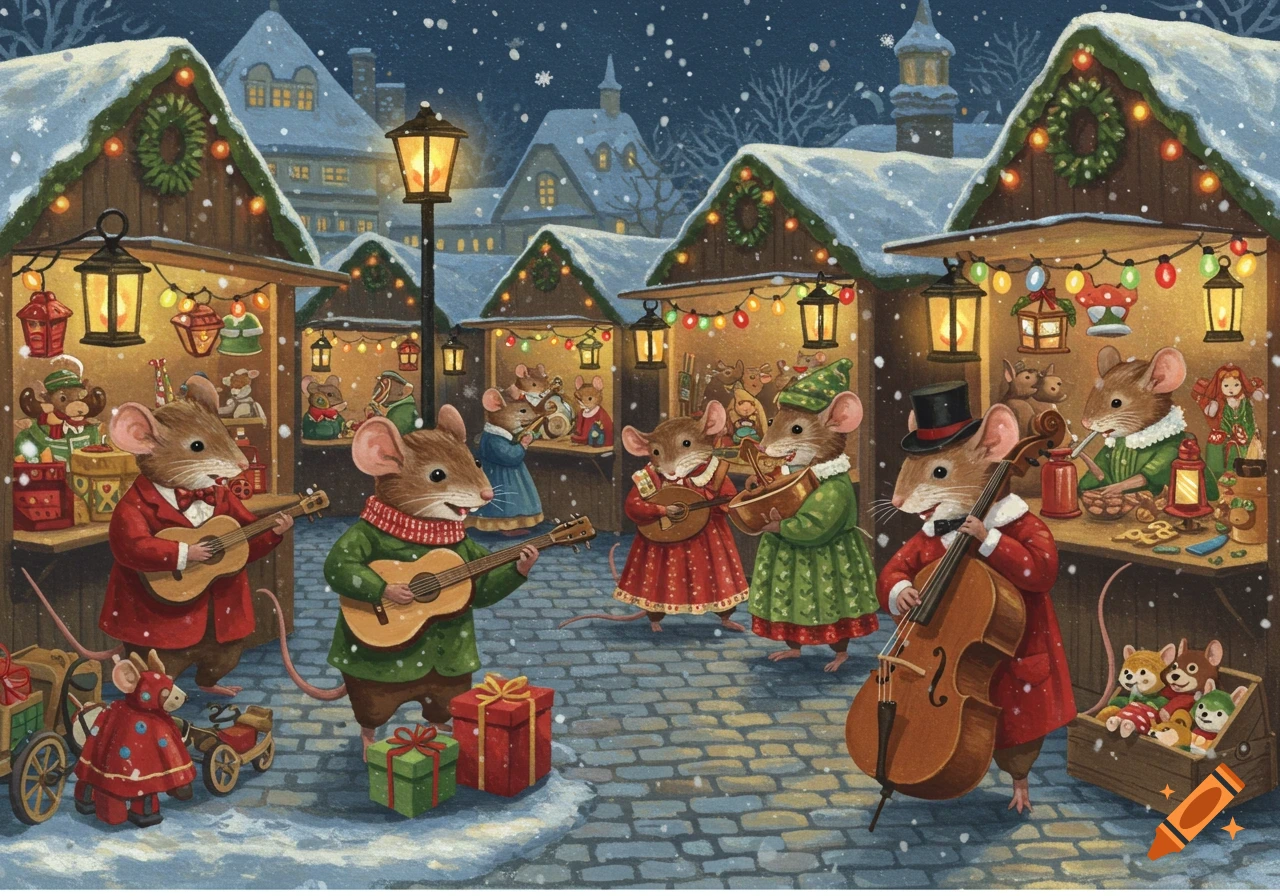 Nostalgic illustration of anthropomorphic mice playing instruments at a snowy Christmas market at night.