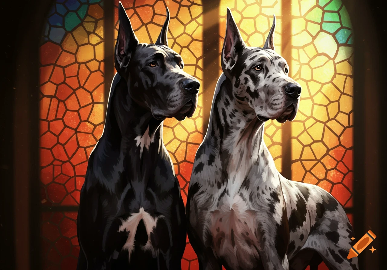 Two Great Danes, one black and one merle, stand against a vibrant stained glass window in an artistic illustration.