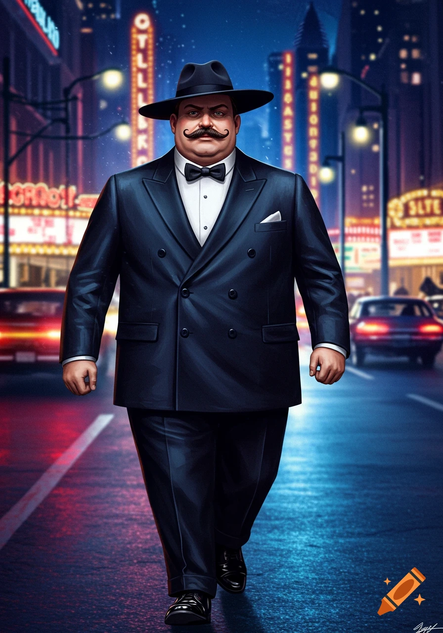 A portly man with a mustache and fedora walks down a neon-lit city street at night, wearing a dark double-breasted tuxedo.