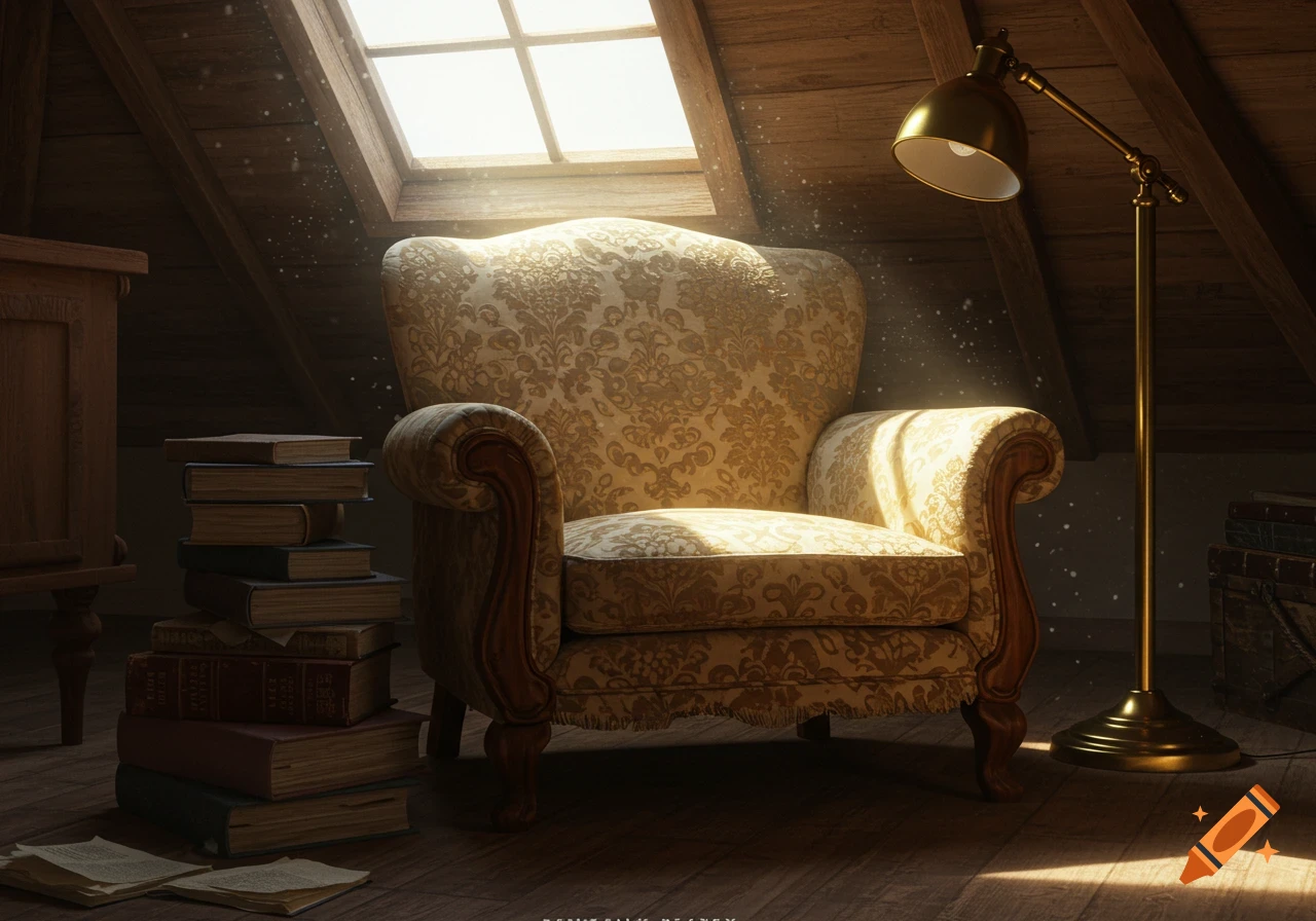 A warm, sunlit attic room with an ornate upholstered armchair, a tall stack of old books, and a brass floor lamp. Sunlight streams through a skylight, illuminating dust motes in the air.