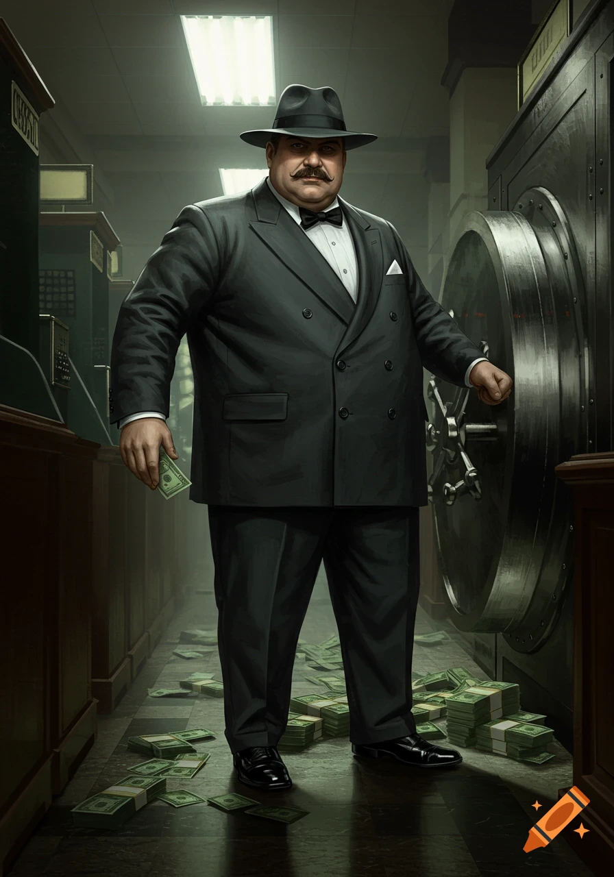 A stern man in a fedora, suit, and bow tie stands in a dimly lit bank vault with stacks of cash on the floor, holding a bill.