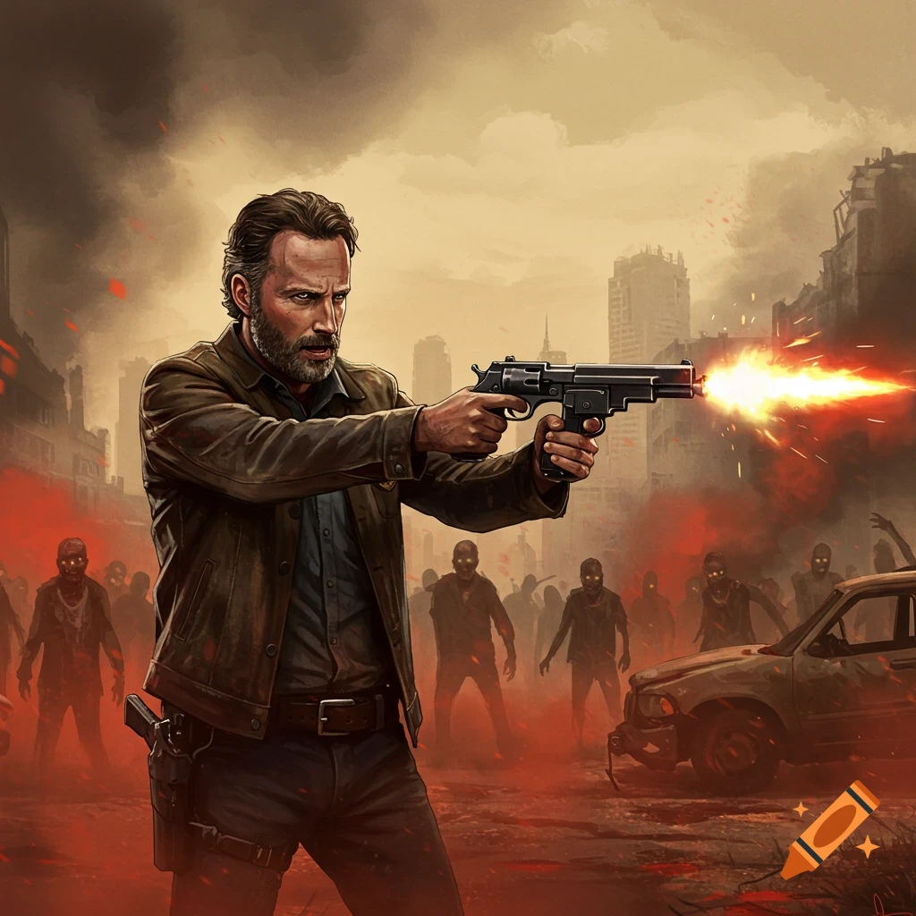 A gritty comic book style illustration of Rick Grimes shooting a revolver with muzzle flash, surrounded by zombies in a burning, ruined city.