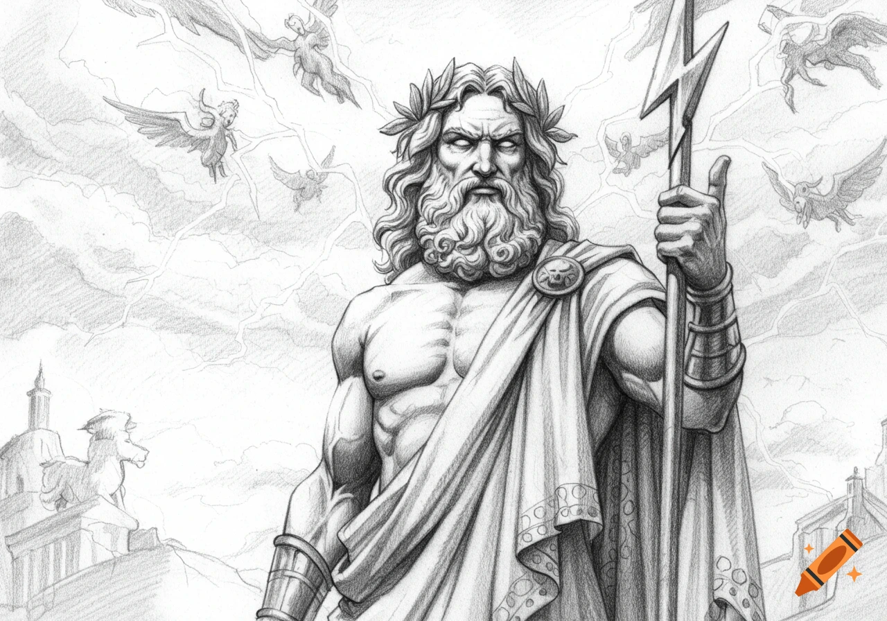 Pencil drawing of a muscular Zeus with a beard and a laurel wreath, holding a lightning bolt against a cloudy, stormy sky with small winged figures.