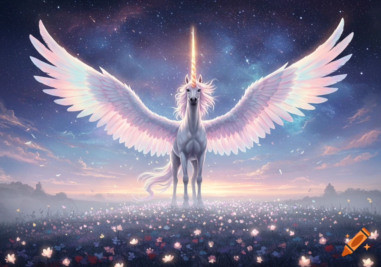 A majestic white alicorn with large iridescent wings and a glowing horn stands in a field of glowing flowers under a starry twilight sky.