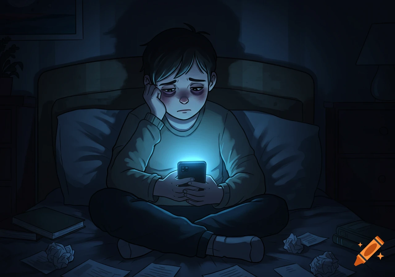 Illustration of a tired teenage boy with dark circles under his eyes, sitting in bed at night, illuminated by his smartphone.