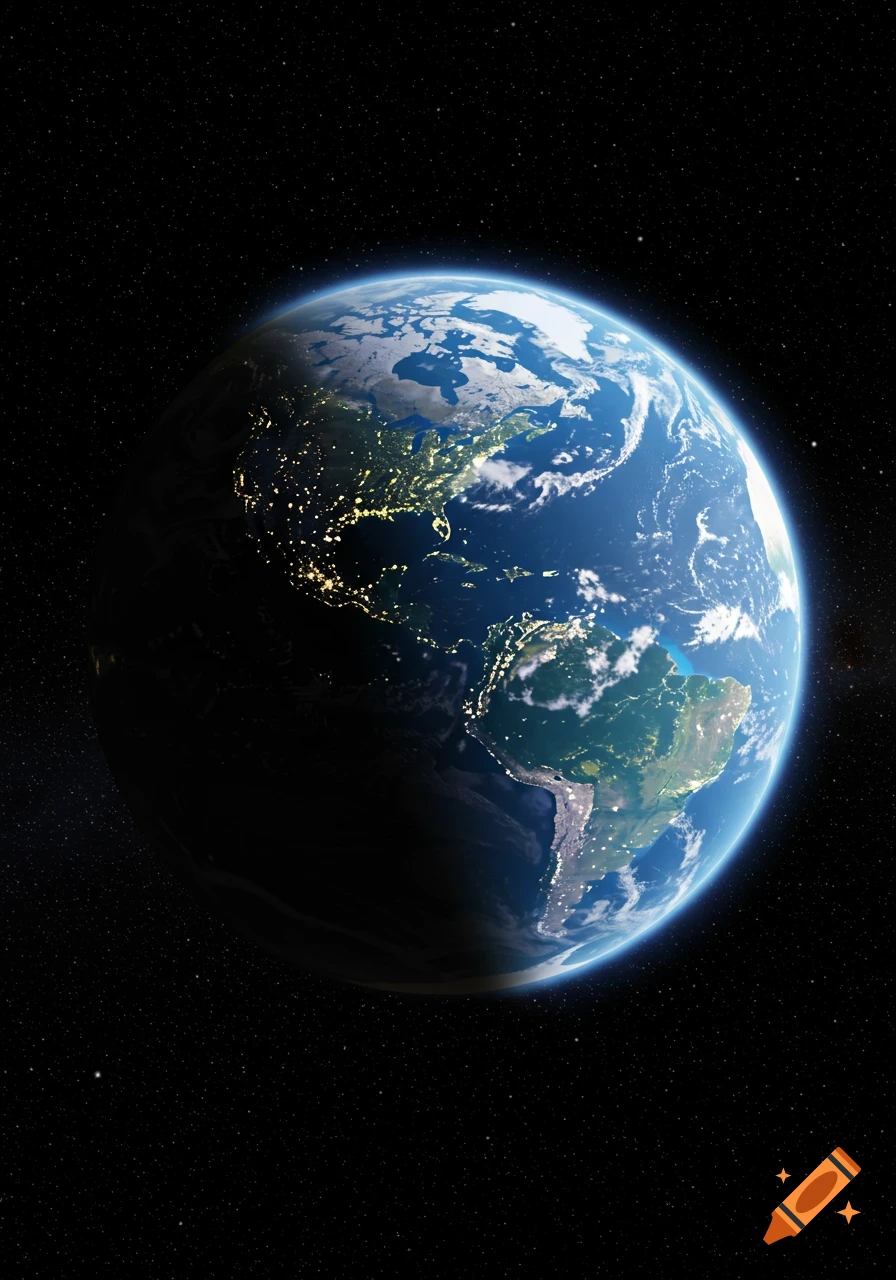 Photorealistic view of Earth from space, showing continents, clouds, and city lights across day and night sides.