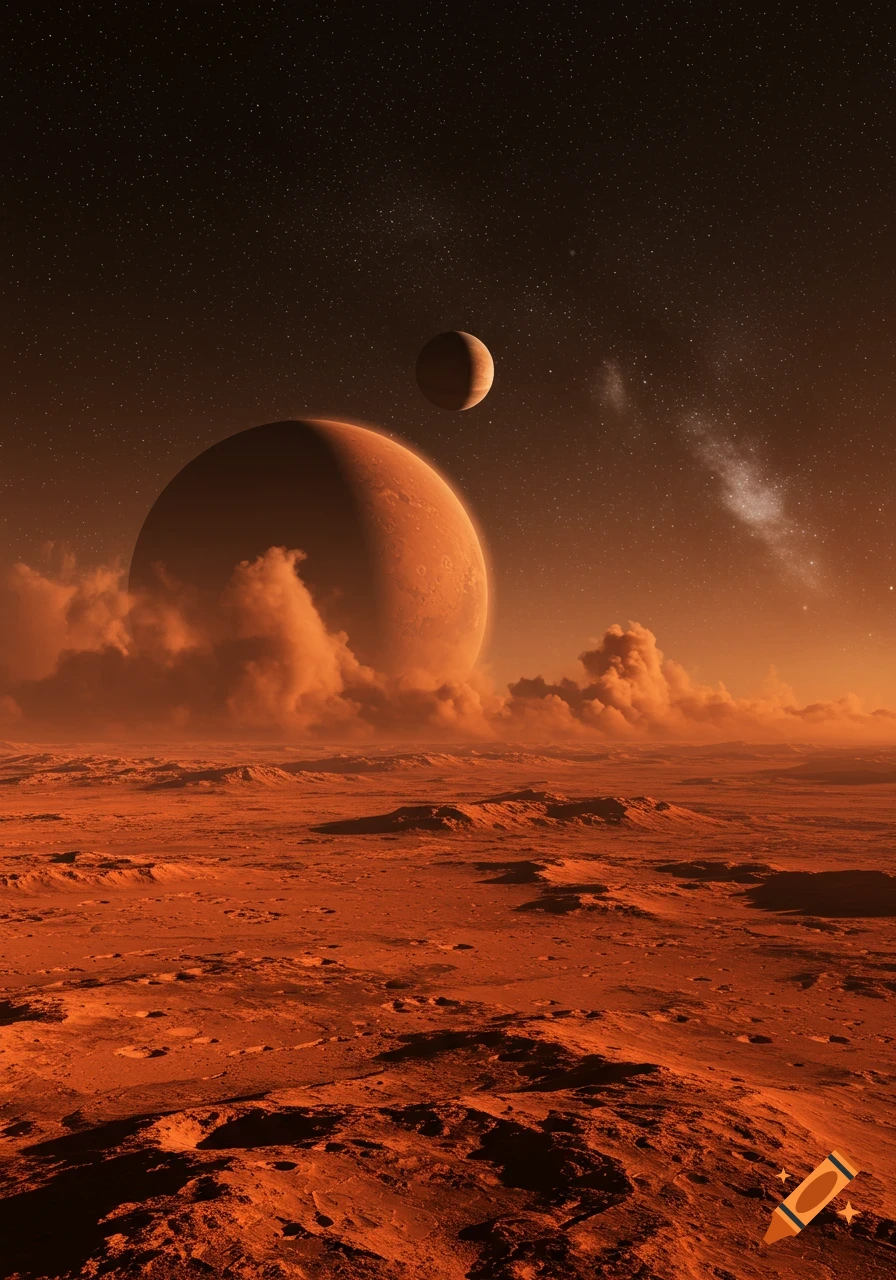 A vibrant red-orange Martian landscape under a starry sky, with two large planets visible above the horizon.