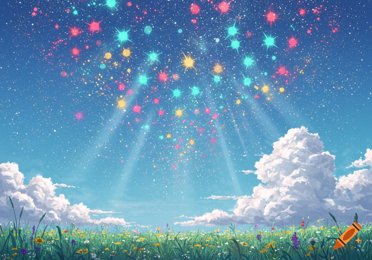 A vibrant field of colorful wildflowers under a bright blue sky filled with sparkling, multicolored stars and fluffy white clouds.