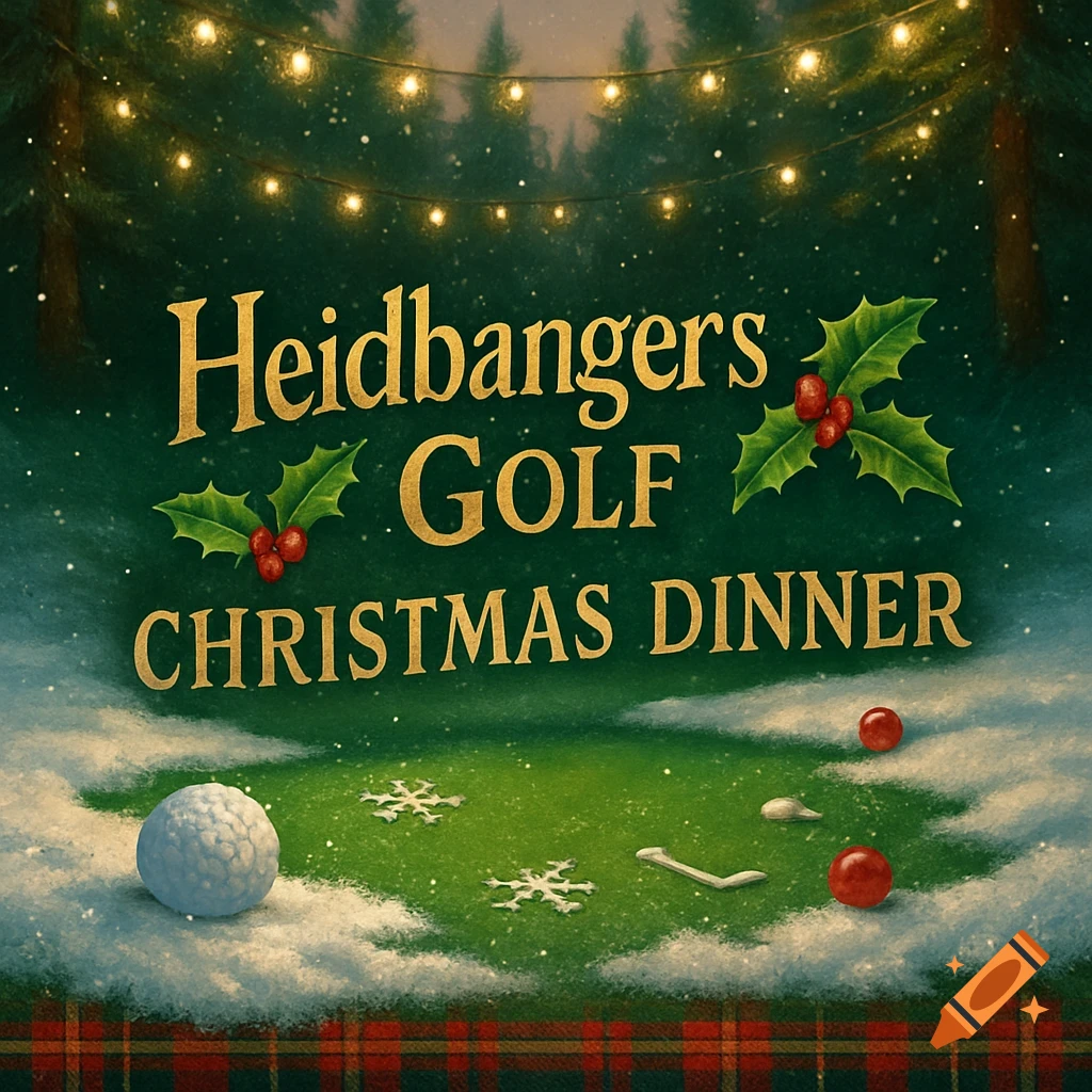 An illustrated Christmas golf scene with snow, a golf ball, holly, and string lights, featuring text 'Heidbangers Golf Christmas Dinner'.