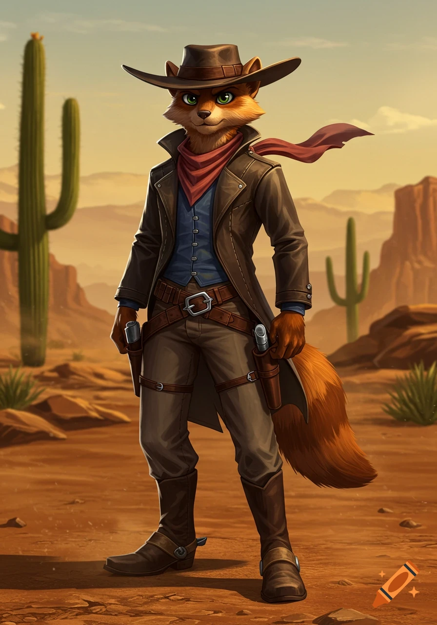 An anthropomorphic, auburn-furred fox-like cowboy character in a hat and trench coat, with pistols, standing in a desert.