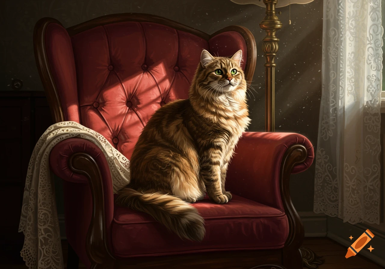 A fluffy brown tabby cat with green eyes sits majestically in a red velvet armchair, bathed in sunlight from a window.