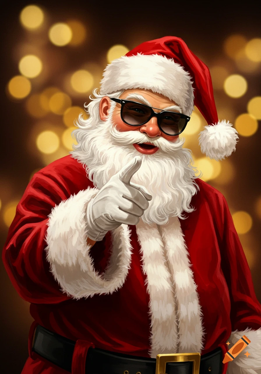 Santa Claus in a red suit and hat, wearing black sunglasses and pointing with his right hand against a bokeh light background.
