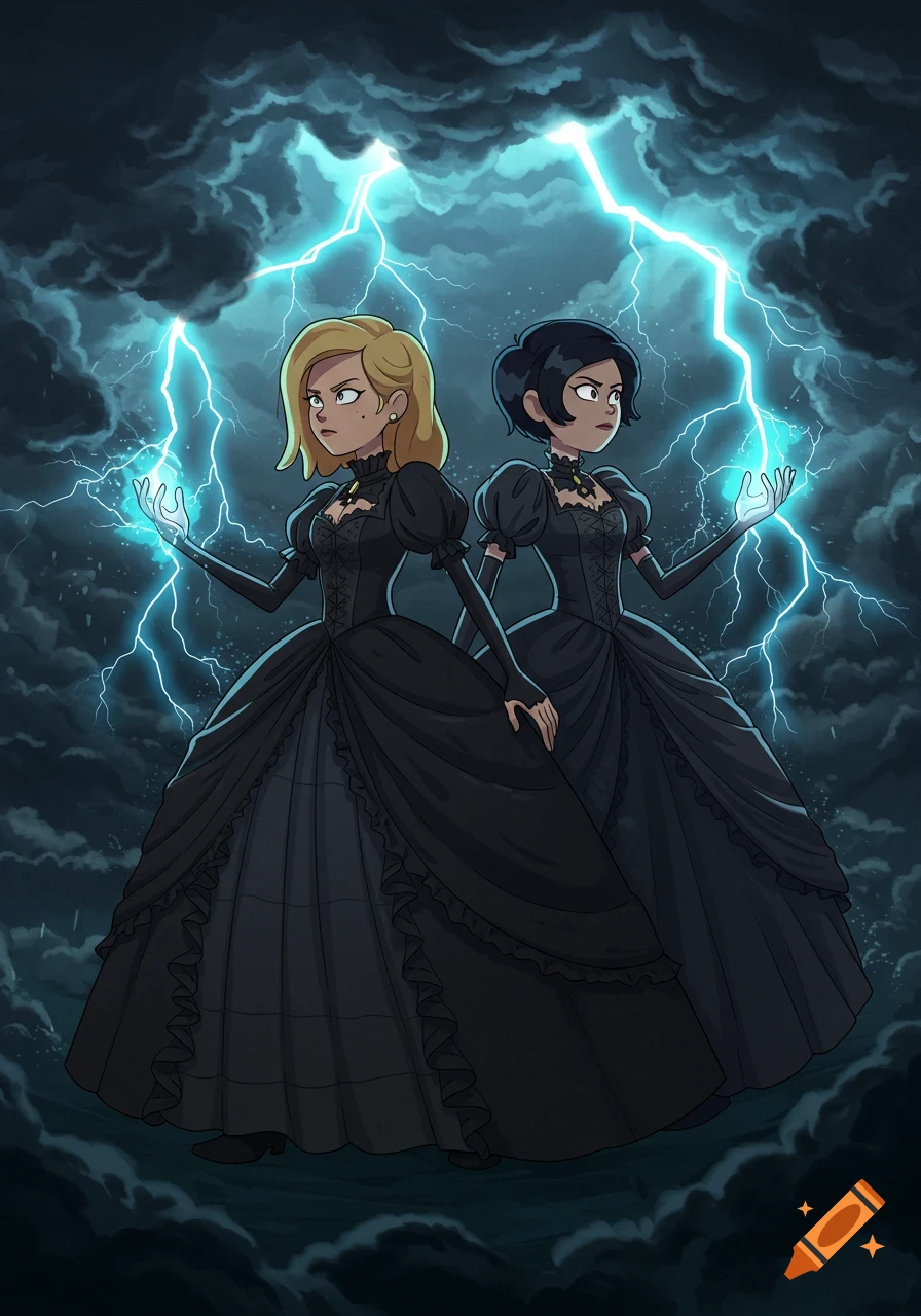 Two anime-style women in black Victorian ball gowns conjure lightning against a dark, stormy sky.