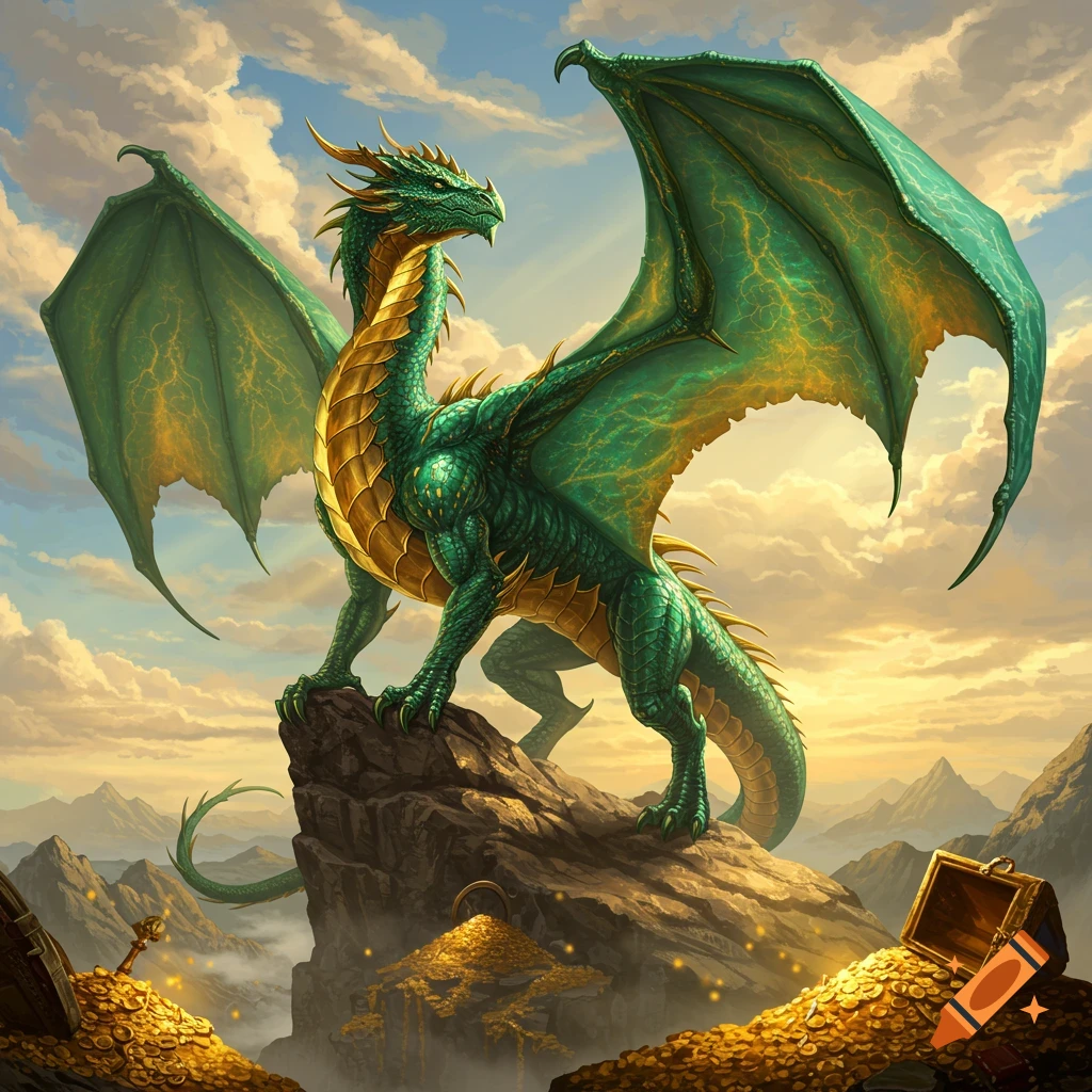 A majestic emerald green and gold dragon stands atop a rocky peak, surrounded by vast piles of shimmering gold and distant mountains.