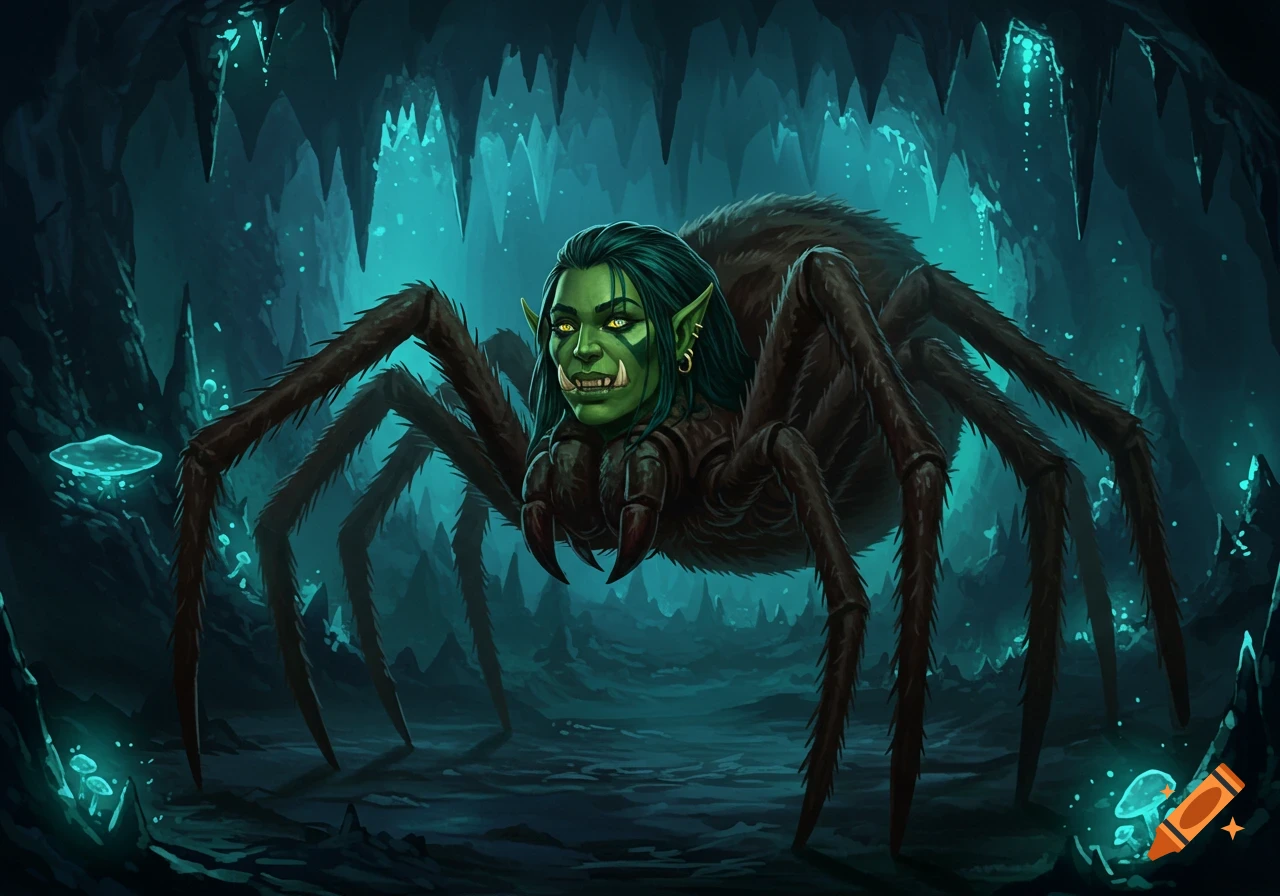 A green-skinned female orc head on a large, hairy spider body in a glowing teal cave.