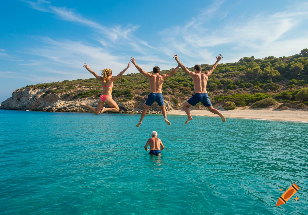 Three people jump into turquoise waters from a boat, while an older man is in the water near a sandy beach and green hills.