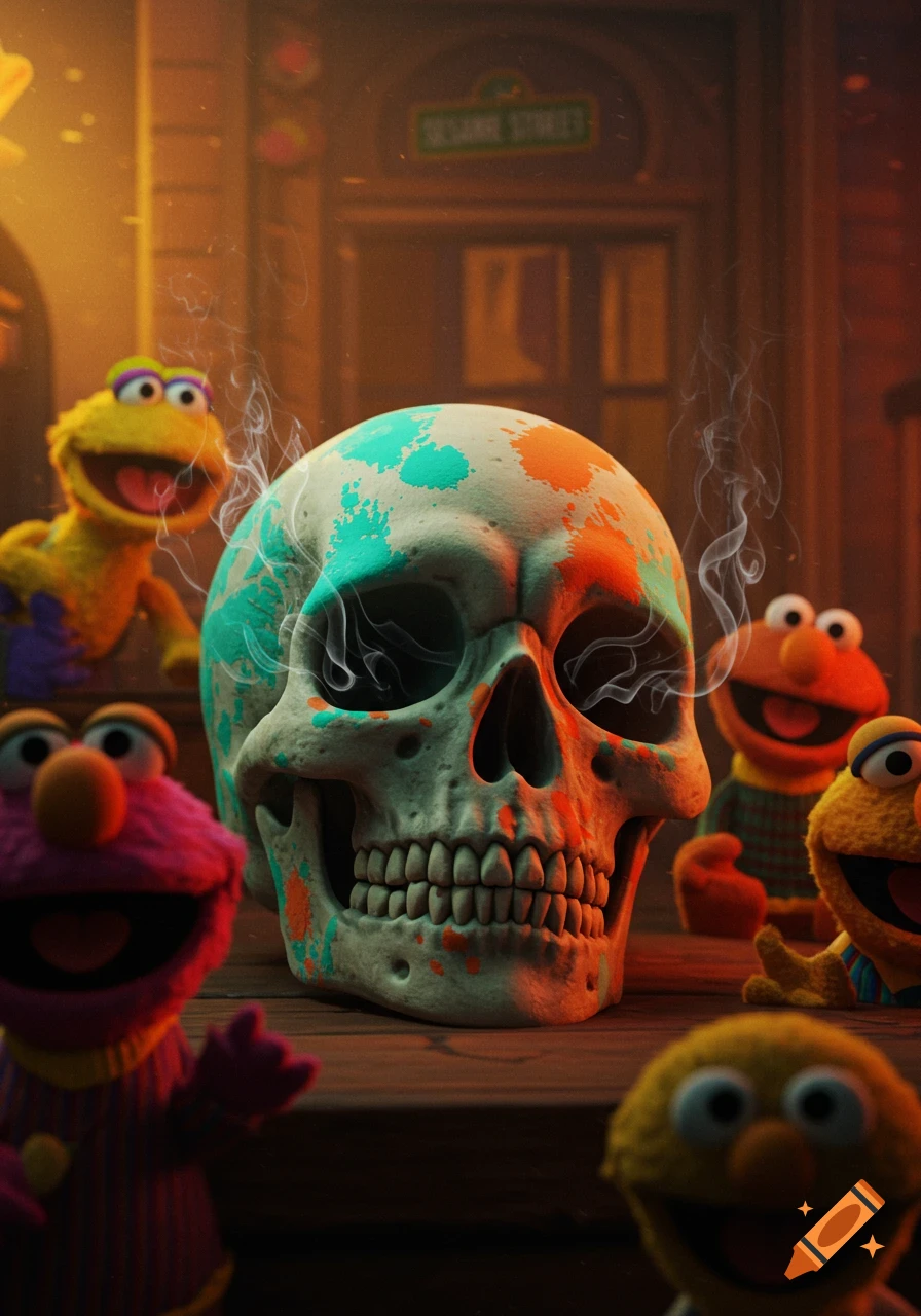 A stylized skull with colorful paint splashes and smoke, surrounded by blurred, smiling Sesame Street puppets in a dimly lit, atmospheric setting.
