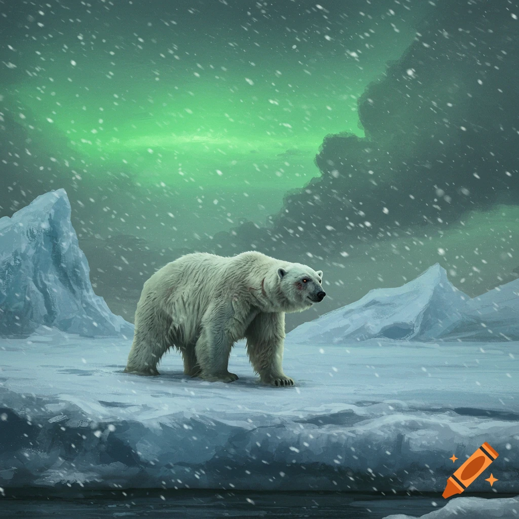 A polar bear stands on an icy, snowy landscape under a green aurora borealis, with snow falling.
