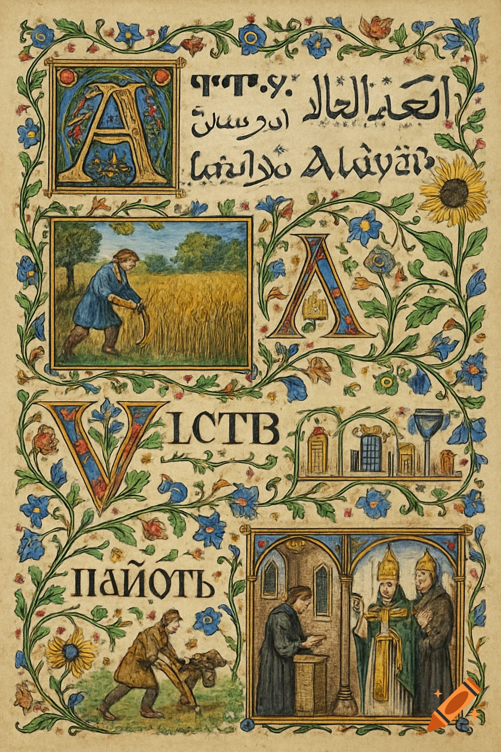 A detailed illuminated manuscript page with ornate borders, large initial letters, and medieval scenes of farming and monastic life. Features text in multiple scripts.