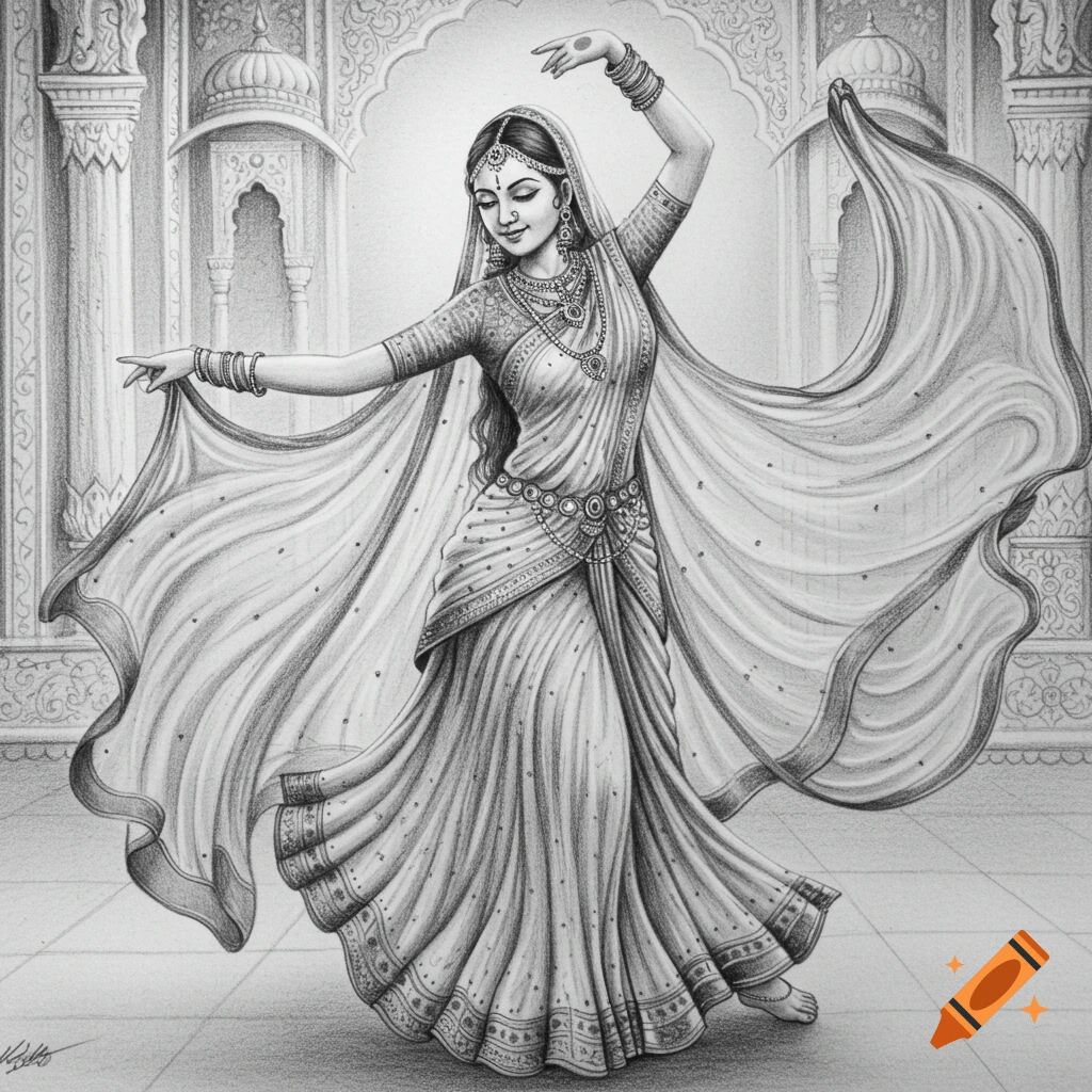 Pencil drawing of an Indian woman dancing gracefully in a flowing sari and traditional jewelry against an ornate architectural background.
