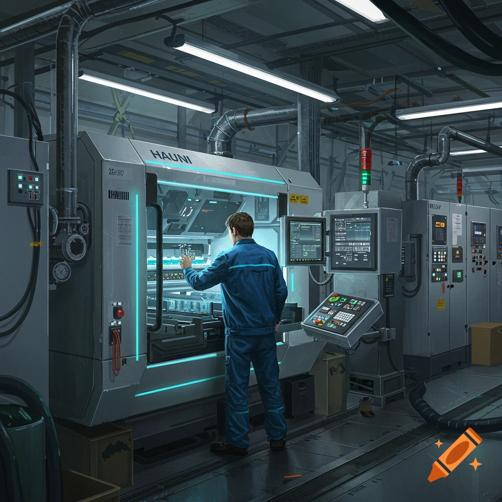 A technician in a blue uniform operates a futuristic 'HAUNI' industrial machine with glowing blue lights in a dimly lit factory.