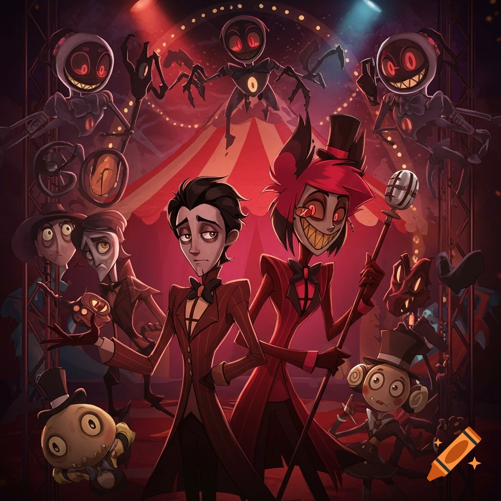 An animated collage of characters including Viktor Van Dort and Alastor, in a dark, circus-like setting with spotlights and other quirky, spider-like figures.