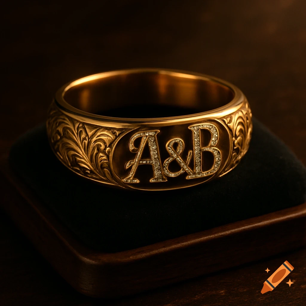 A close-up of a golden ring with ornate carvings and diamond-encrusted initials 'A&B' on a dark velvet cushion.