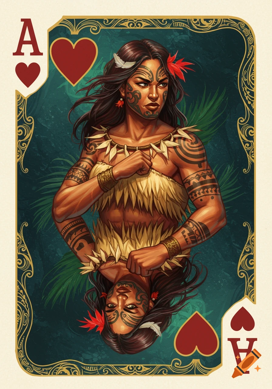 Illustrated Ace of Hearts card featuring a Polynesian female warrior with traditional tattoos and attire, tropical background.