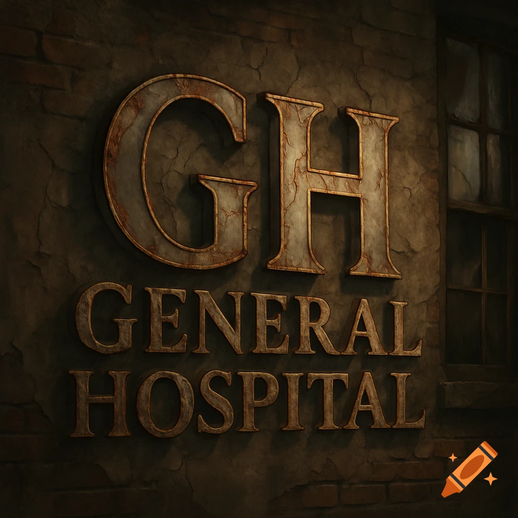 An old, rusty sign with 'GH' and 'GENERAL HOSPITAL' text on a dark, textured wall, next to a window.