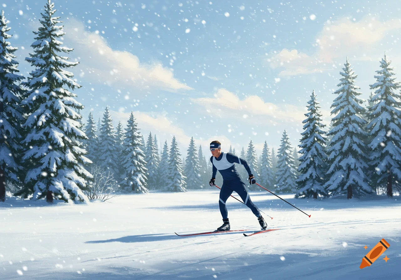 A man cross-country skiing on a snowy trail through a winter forest as snow falls under a blue sky.