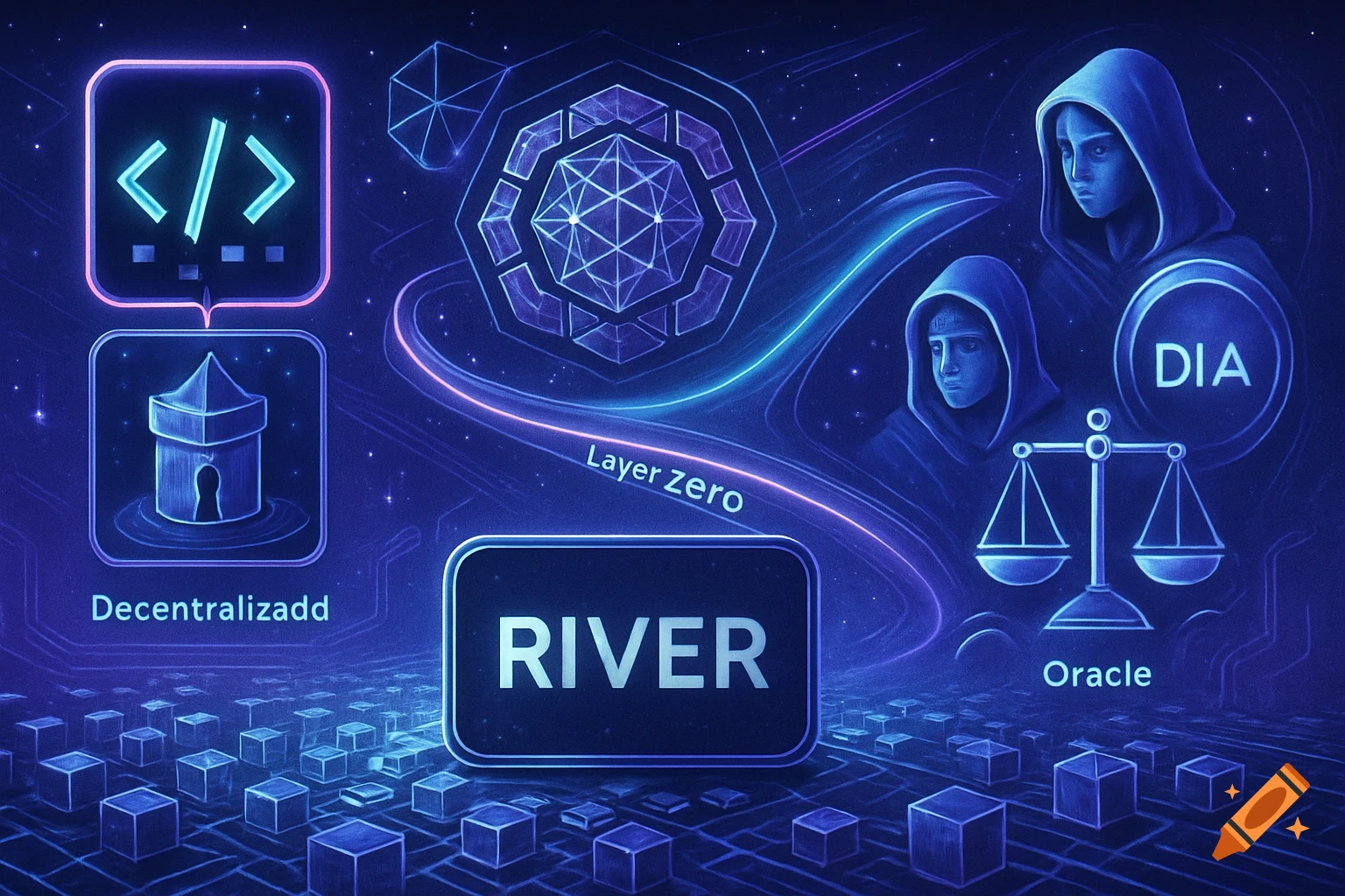 A dark blue, futuristic digital scene with glowing neon symbols, geometric shapes, two hooded figures, and text like "RIVER", "Layer Zero", and "Oracle".