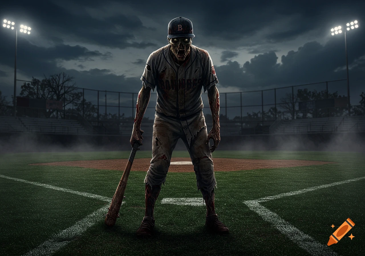 A menacing zombie baseball player with glowing eyes stands on a misty baseball field at night, holding a bloodied, spiked bat.