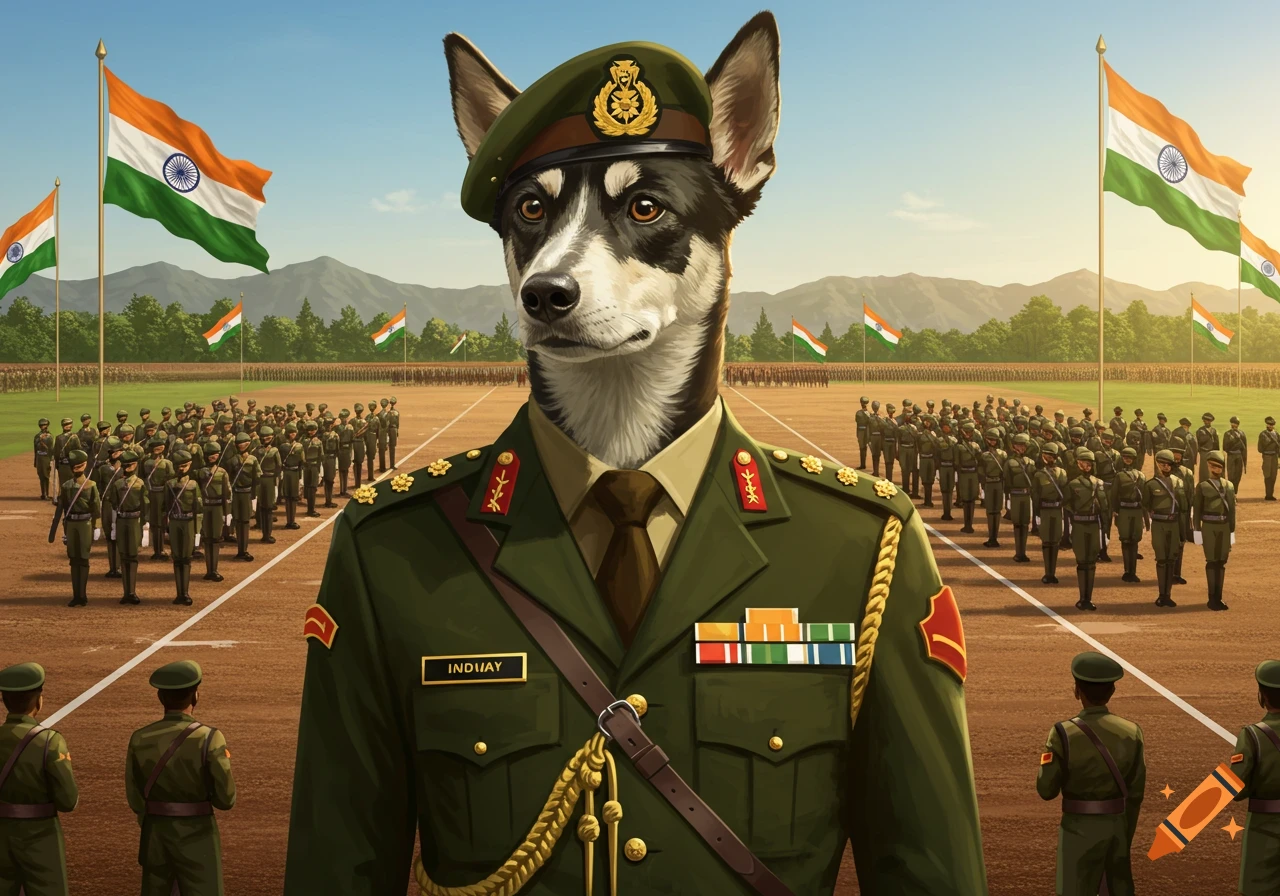 A dog in an Indian army uniform stands in front of a parade ground with many soldiers and Indian flags under a clear sky.