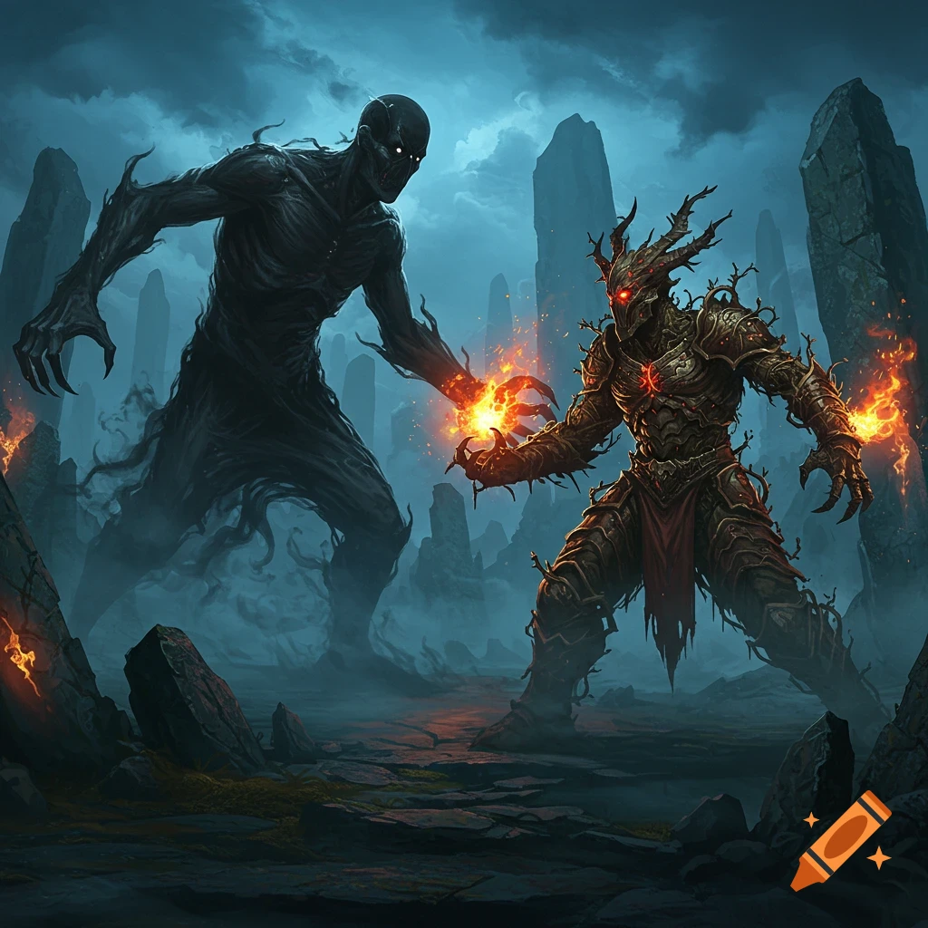 Two dark, monstrous fantasy figures, one shadowy and one armored with branches and glowing red eyes, battle with fire in a misty, rocky landscape.
