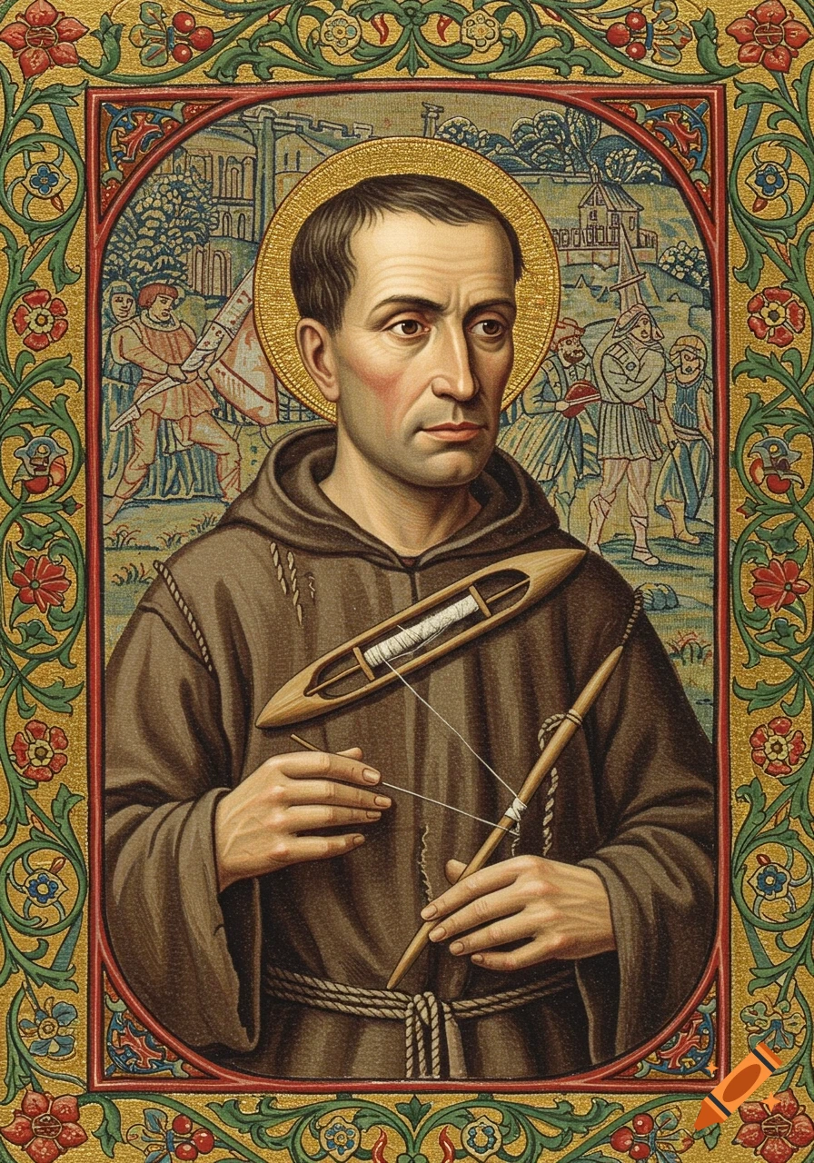 A man with a halo, dressed as a medieval monk, holds weaving tools in an illuminated manuscript-style portrait with background scenes.