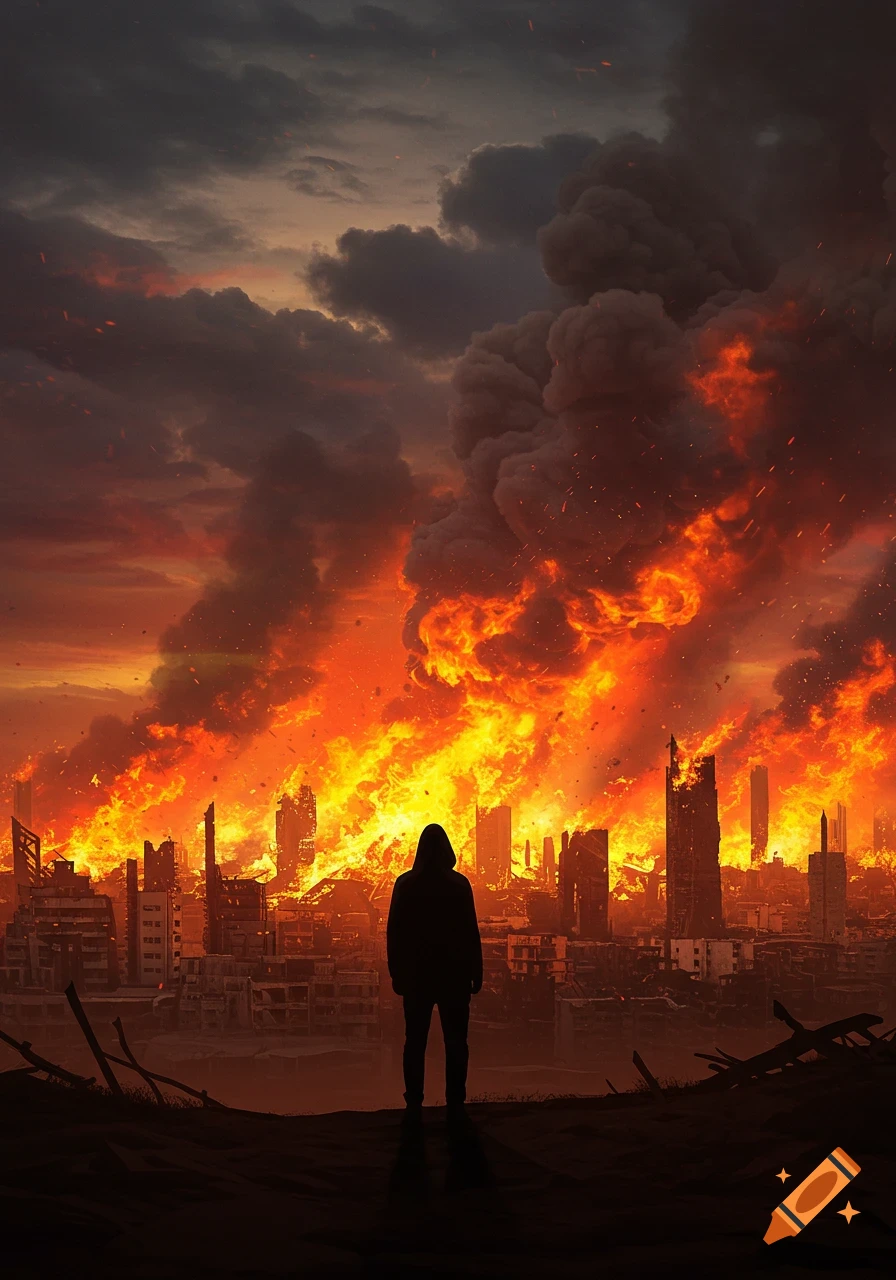 Silhouette of a person in a hoodie watching a city engulfed in massive fires and smoke, from a dark hill, photorealistic.