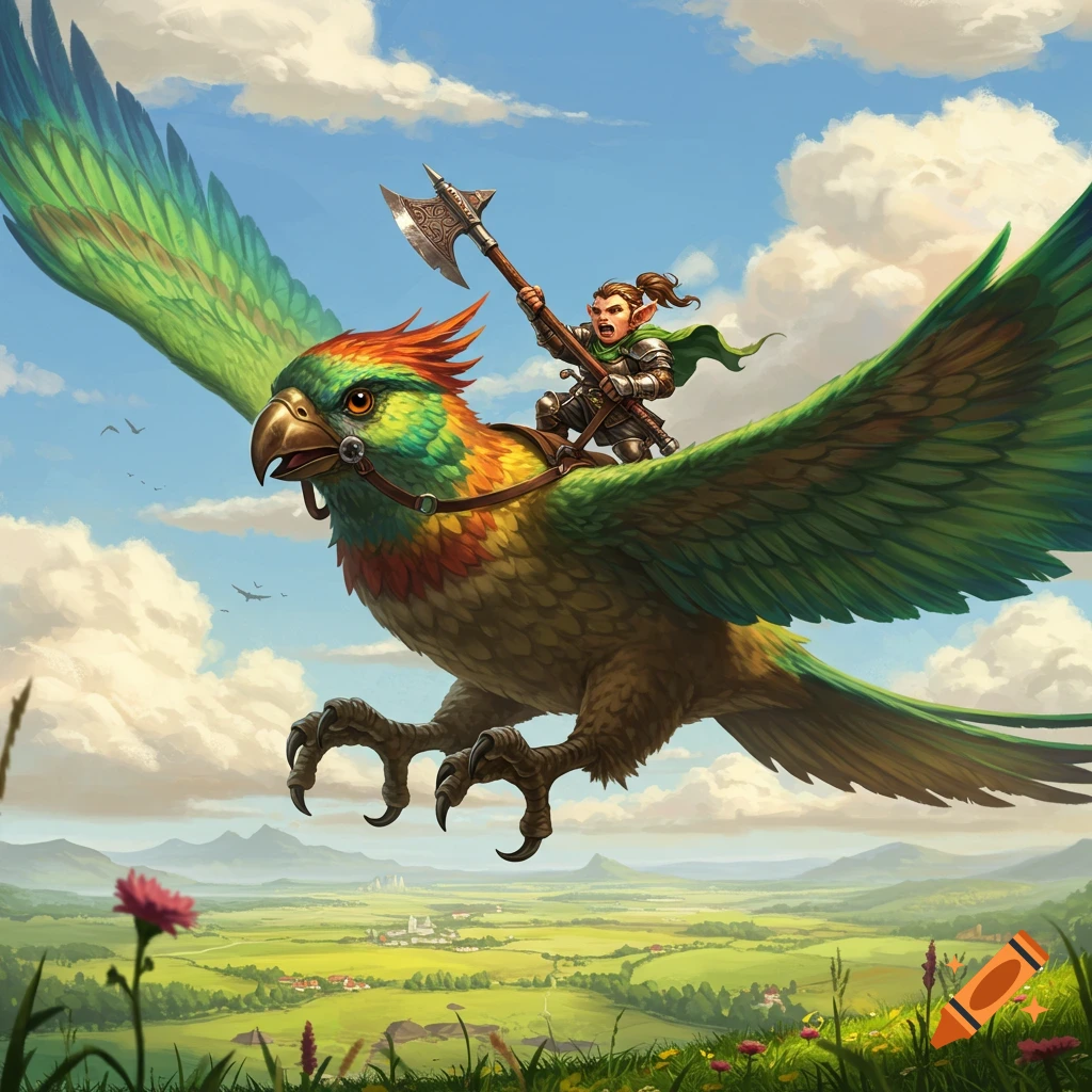 A halfling warrior with an axe rides a vibrant, large bird flying over ...