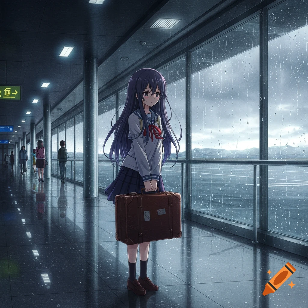 Anime teenage girl with dark hair holds a suitcase in a rainy airport terminal, melancholic expression, detailed art style.