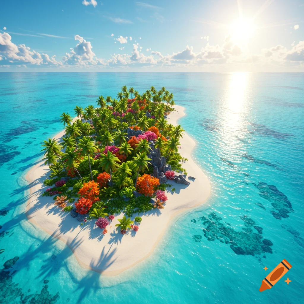 An aerial view of a lush tropical island with white sand beaches, vibrant green palm trees, colorful flowers, and clear turquoise ocean under a bright sun.