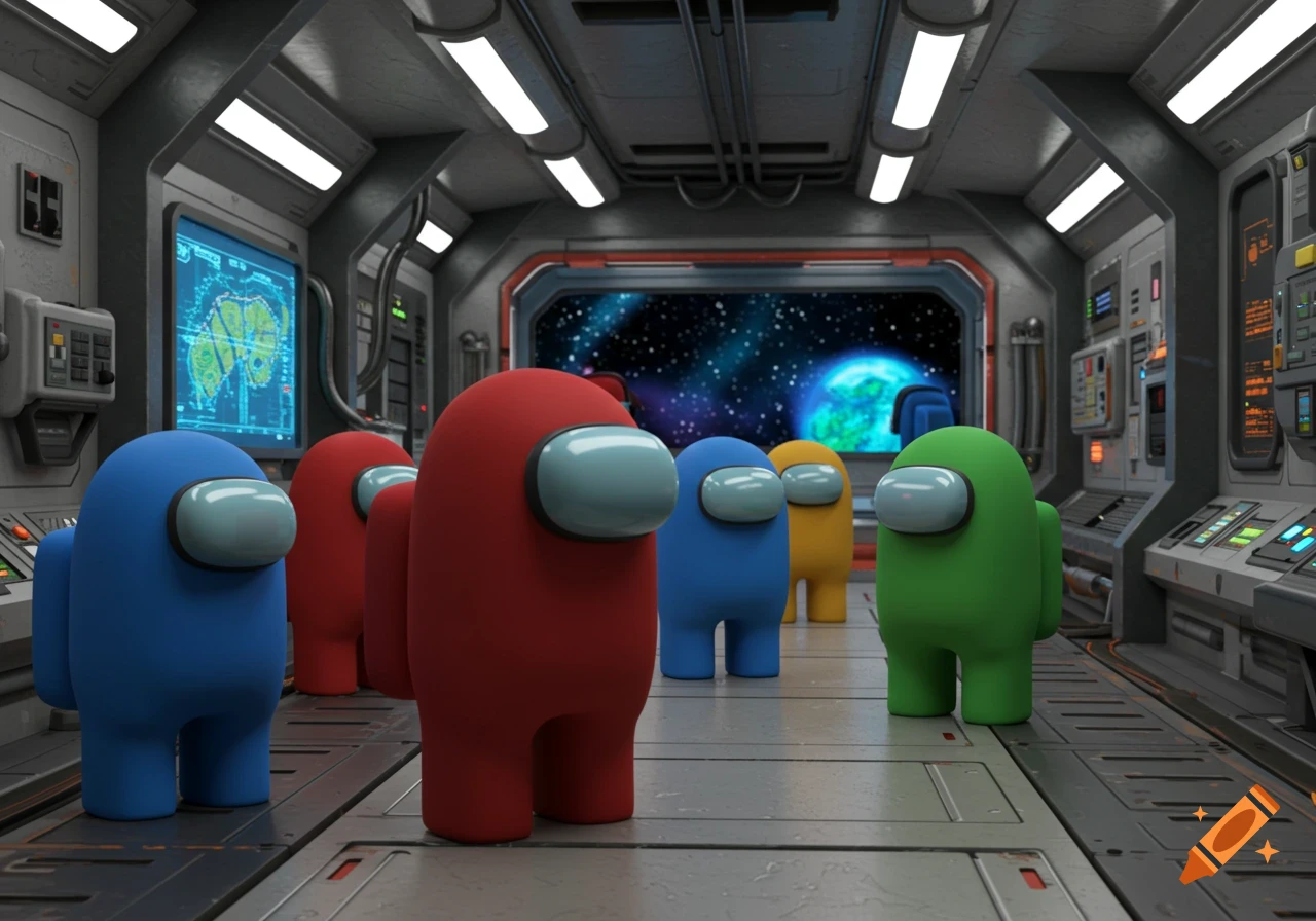 Colorful Among Us crewmates stand in a spaceship corridor, looking out a window at a planet and stars.