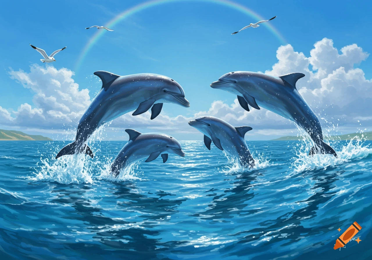 Four dolphins leap from a blue ocean under a bright sky with a rainbow and two seagulls flying nearby.